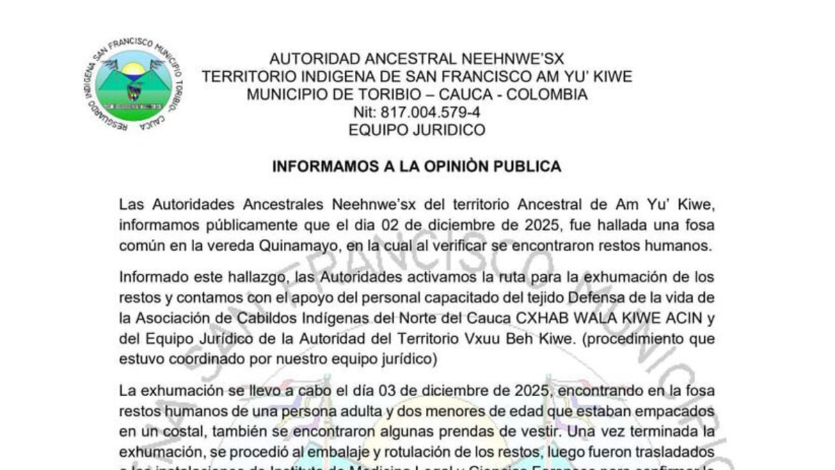 Tragedia en el Cauca | Encuentran los restos de una mujer y dos niños en la tumba: los indígenas temen que sean adultos y los dos niños están desaparecidos desde 2022.

 – En la mira